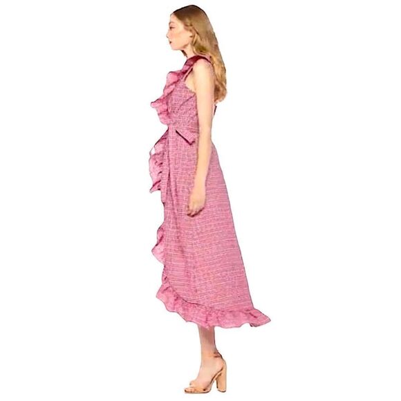MISA Los Angeles Stella Gingham-Print Draped Ruffle Midi Wrap Dress Pink - Picture 11 of 16